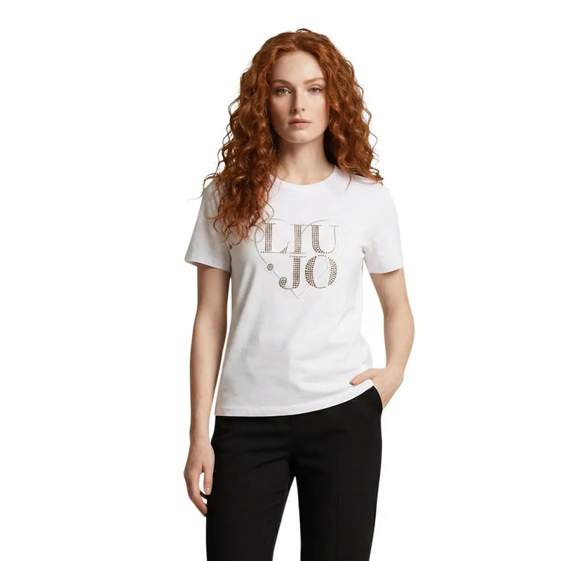 Liu Jo women white cotton round neck short t shirt with sparkling rhinestone embellished logo on chest