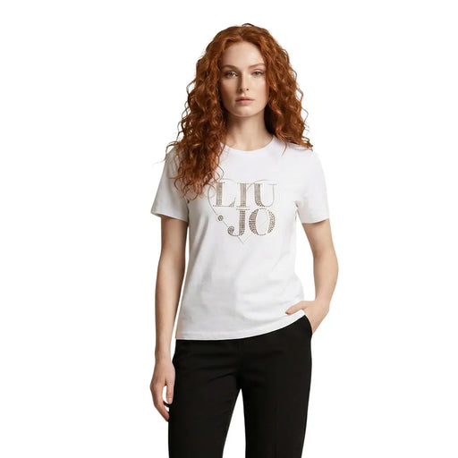 Liu Jo T-shirt court blanc en coton pour femme, col rond, orné d'un logo scintillant en strass sur la poitrine.