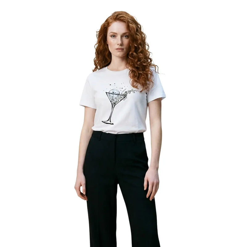 Liu Jo women white cotton round neck short t shirt with black martini glass graphic and splashing liquid effect