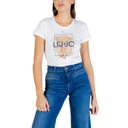 Liu Jo women white cotton short sleeve t shirt with round neck and floral square liu jo logo graphic on front