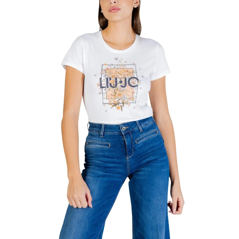 Liu Jo women white cotton short sleeve t shirt with round neck and floral square liu jo logo graphic on front