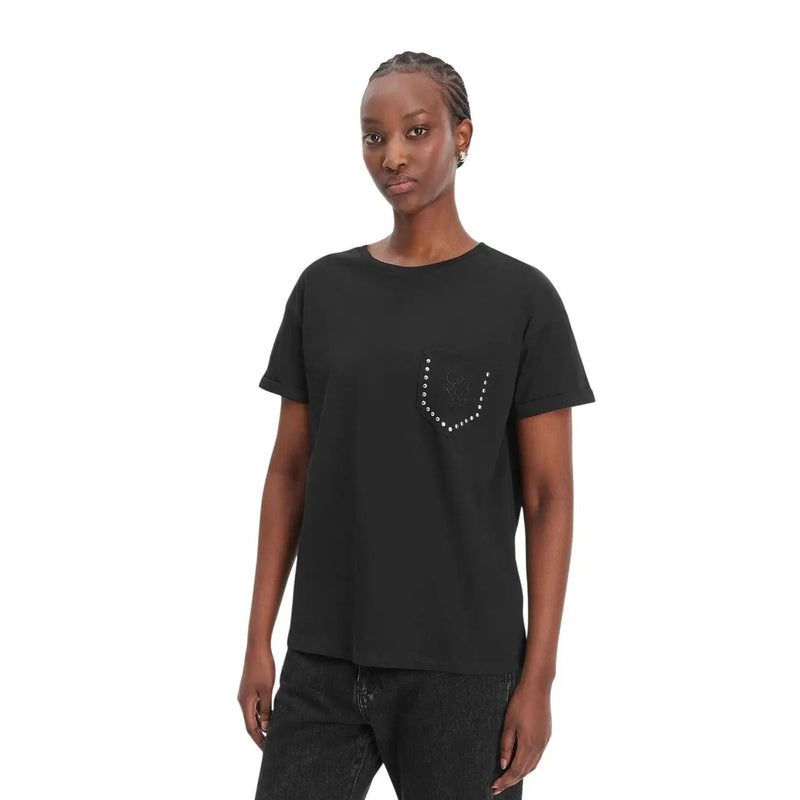 Black short-sleeved cotton t shirt with studded pocket for women by Liu Jo