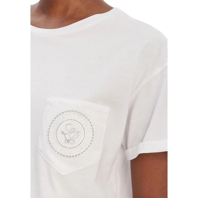 Liu Jo women white cotton round neck t shirt with decorative pocket featuring embroidered logo and sparkling embellishments