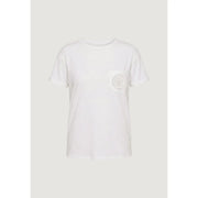 Liu jo women white cotton round neck t shirt with a subtle circular embroidered patch on the left chest pocket