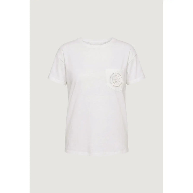 Liu jo women white cotton round neck t shirt with a subtle circular embroidered patch on the left chest pocket