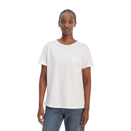 T-shirt Liu Jo pour femme, blanc, en coton, col rond, avec logo circulaire brodé discret sur la poche poitrine gauche.