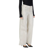 Liu Jo Pantalon en coton blanc pour femme, avec poches, coupe droite et jambes larges couleur crème, et surpiqûres discrètes.