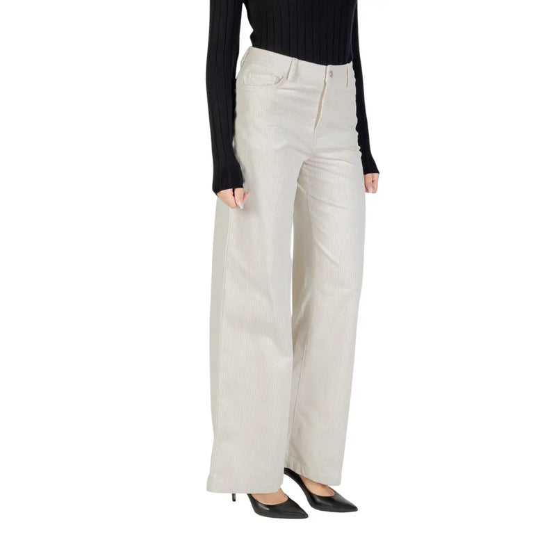 Liu Jo Pantalon en coton blanc pour femme, avec poches, coupe droite et jambes larges couleur crème, et surpiqûres discrètes.