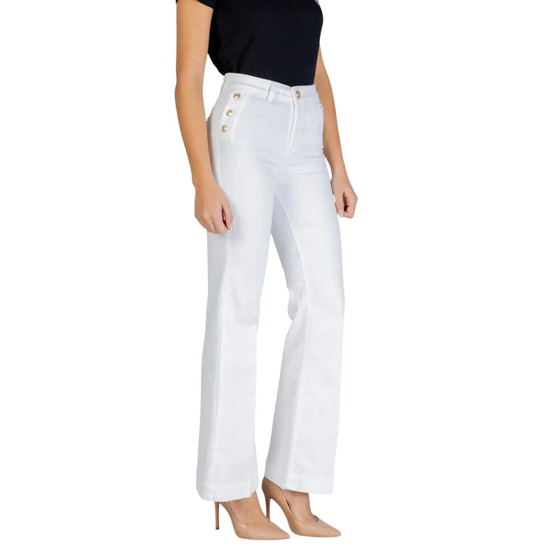 Pantalon Liu Jo pour femme, en coton blanc, taille haute, avec boutons dorés et coupe droite (UA6162 T456A)