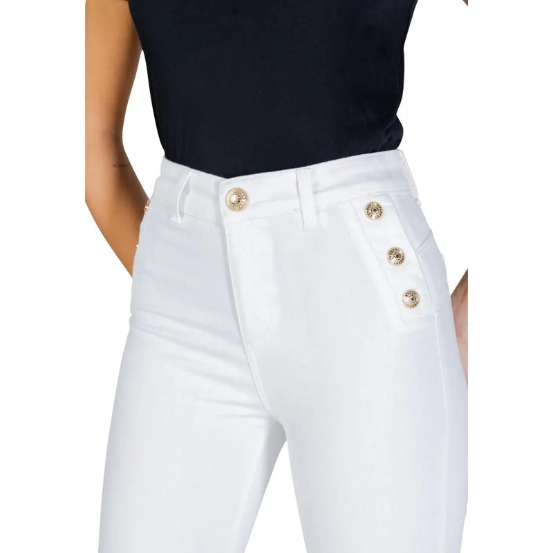 Liu Jo Jean blanc en coton pour femme, taille haute, avec boutons dorés sur le devant et poches latérales