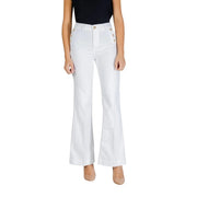 Pantalon évasé en coton blanc pour femme Liu Jo, orné de boutons dorés le long des coutures latérales.