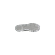 Back side of liu jo women white faux leather sneakers with gray rubber sole embossed with lugo and circular tread pattern