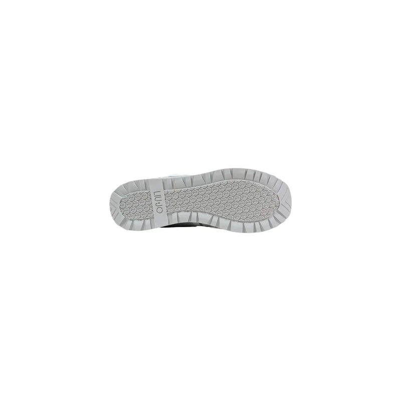 Back side of liu jo women white faux leather sneakers with gray rubber sole embossed with lugo and circular tread pattern