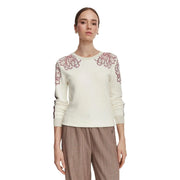 Cream-colored Liu Jo women white floral wool blend button sweater with delicate pink floral embroidery on shoulders and sleeves