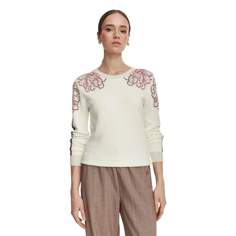 Cream-colored Liu Jo women white floral wool blend button sweater with delicate pink floral embroidery on shoulders and sleeves
