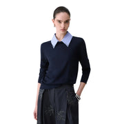 Navy blue knit sweater with light blue lace collar in wool blend by liu jo women featuring white floral buttons