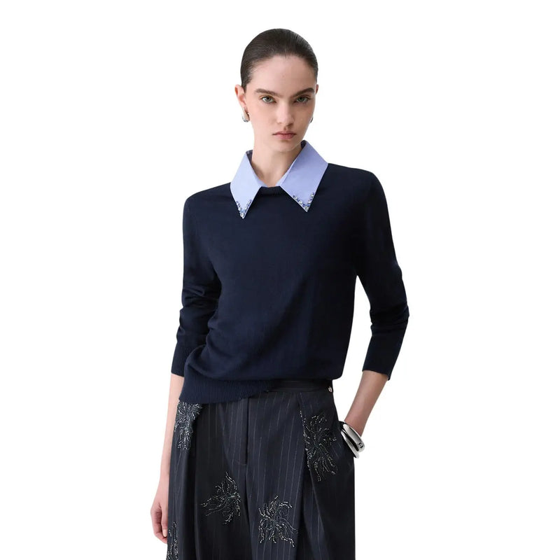 Navy blue knit sweater with light blue lace collar in wool blend by liu jo women featuring white floral buttons