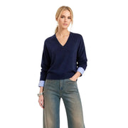 Navy blue v-neck wool blend sweater with light purple cuffs from Liu Jo women white floral button collection