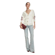 Cream-colored Liu Jo women white floral wool blend cardigan with button-front and pink floral embroidery on sleeves