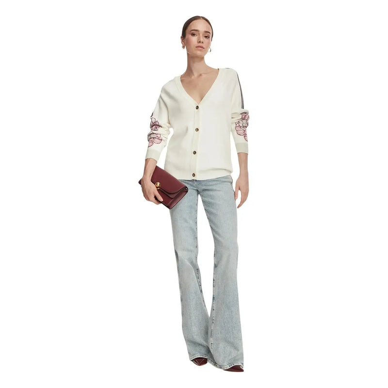 Cream-colored Liu Jo women white floral wool blend cardigan with button-front and pink floral embroidery on sleeves
