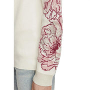Liu Jo women white wool blend sweater with cream knit, pink and burgundy floral embroidery, and sleeve embellishments