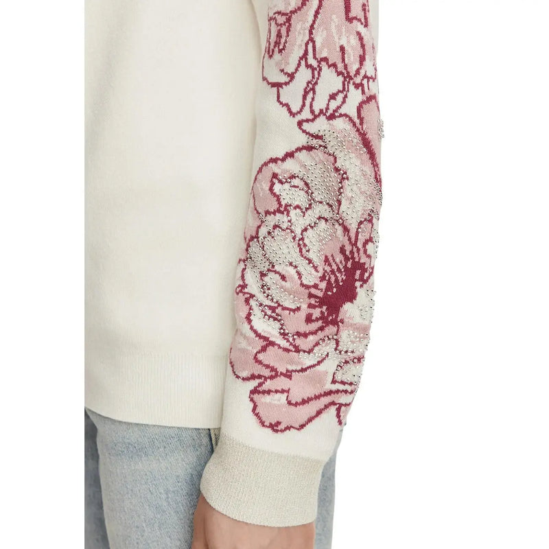 Liu Jo women white wool blend sweater with cream knit, pink and burgundy floral embroidery, and sleeve embellishments