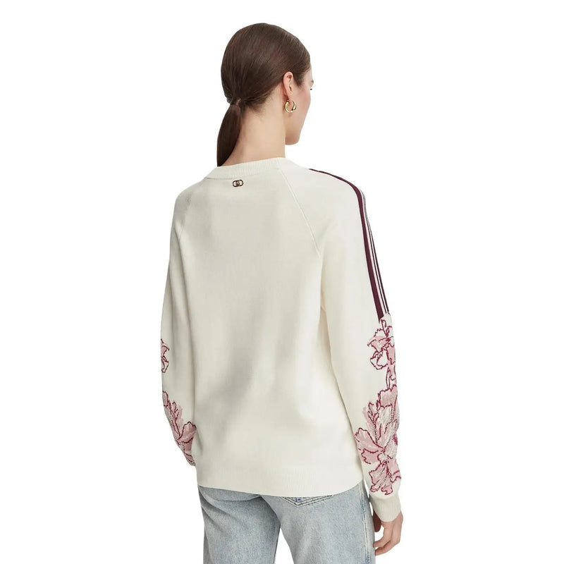 Liu Jo women white wool blend button sweater cream with pink floral embroidery and maroon stripes on sleeves