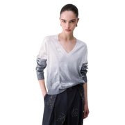 Liu Jo women white floral wool blend button sweater with shimmering silver sequined v neck and gray gradient sleeves