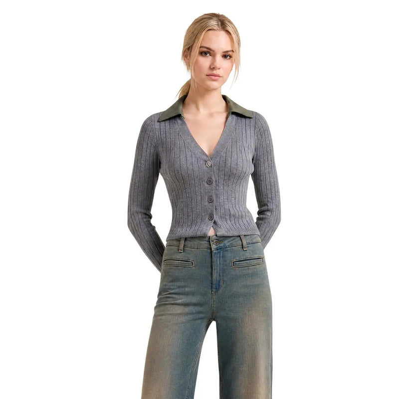 Gray ribbed knit cardigan with olive green collar and button closure shown with Liu Jo women white floral wool blend sweater