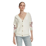 Liu Jo women white floral wool blend button sweater cream knit cardigan with pink floral embroidery and black shoulder stripe