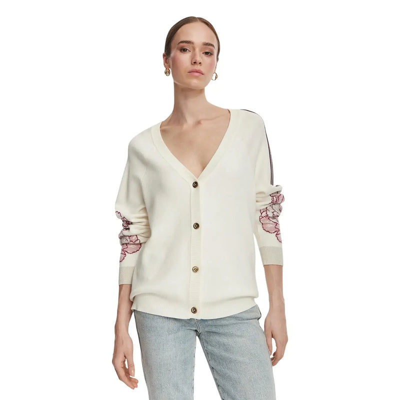 Liu Jo women white floral wool blend button sweater cream knit cardigan with pink floral embroidery and black shoulder stripe