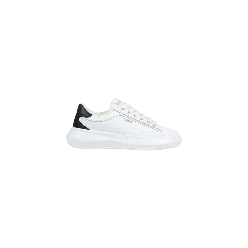 Liu Jo women white polyurethane low-top sneakers with black accents, smooth leather upper, and chunky white rubber sole