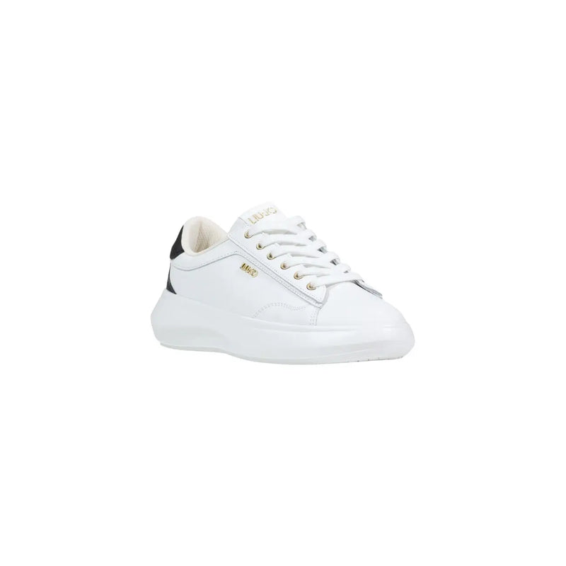Liu Jo women white low-top sneakers in polyurethane with black heel tab and gold-tone branding detail