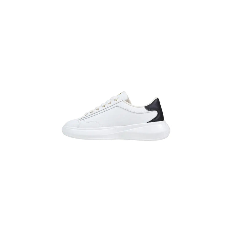 Liu jo women white polyurethane sneakers with white leather, black heel tab, and chunky white sole shown from the back