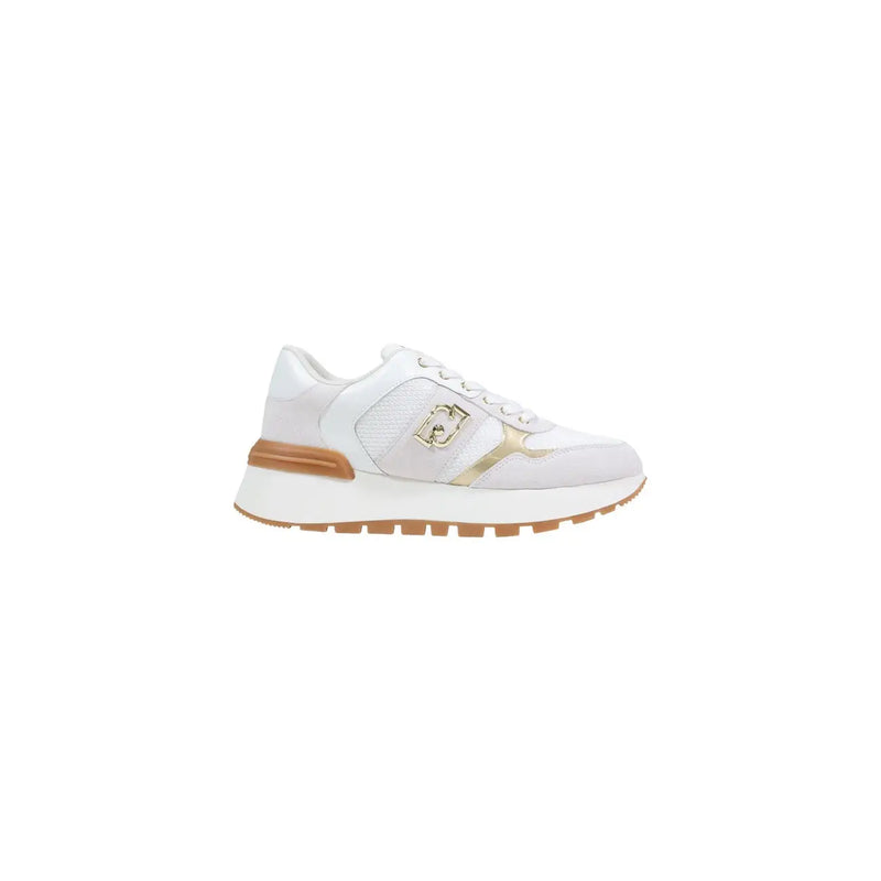 Liu Jo women white suede sneakers with gold metallic accents and tan rubber sole athletic shoe design