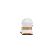 White leather Liu Jo women sneakers with tan rubber sole and heel tab featuring the brand name visible from the back