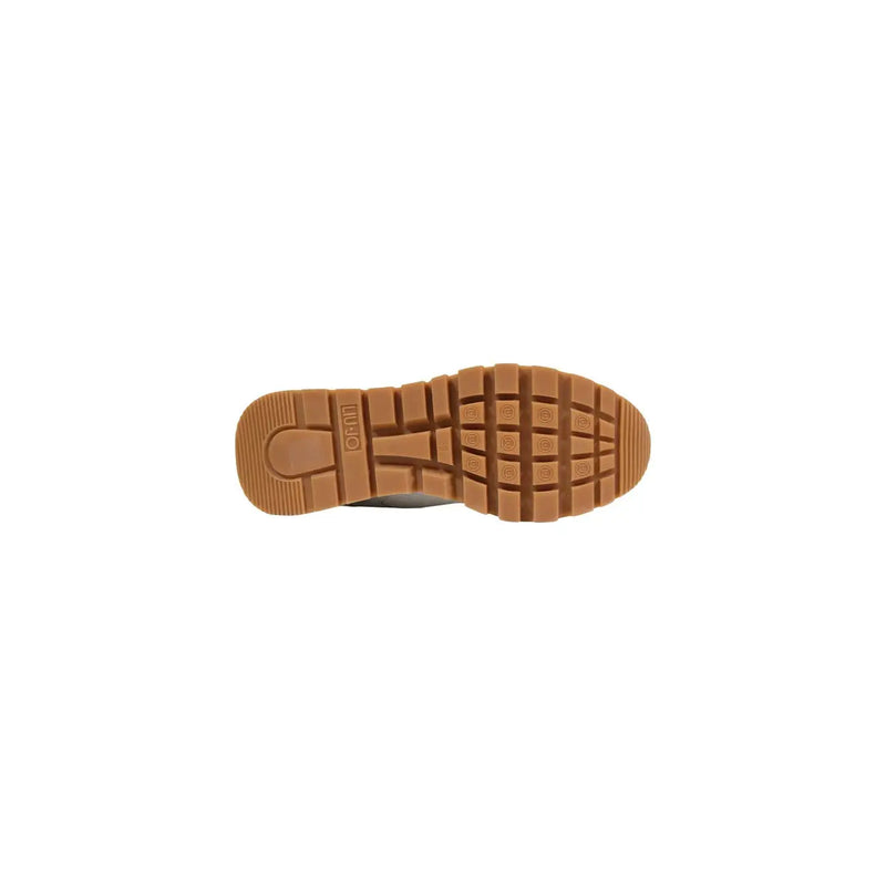 Back side of liu jo women white suede sneakers showing tan rubber sole with textured grid tread and lugo brand embossing