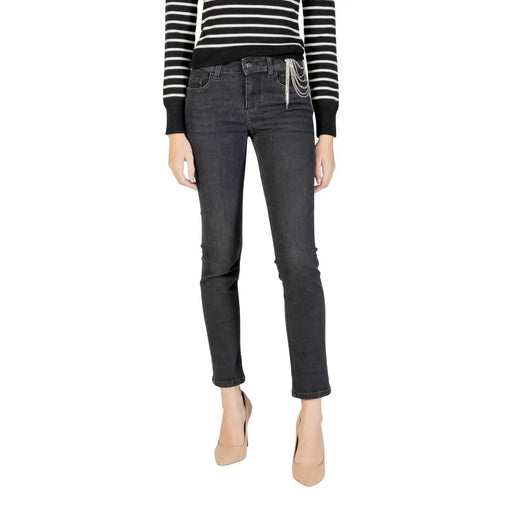 Liu Jo womens black slim fit fall winter jeans with silver chain waist detail