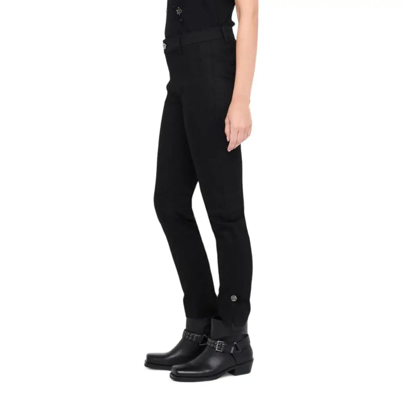 Liu Jo womens black high-waisted slim-fit fall winter trousers with zip button and metallic details