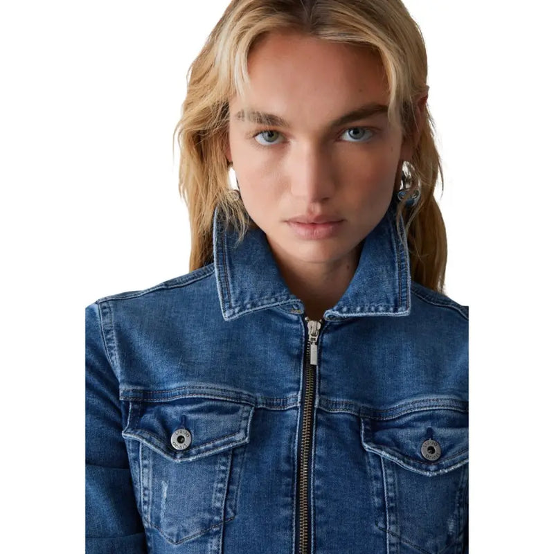Liu Jo Blazer en denim bleu de coton pour femme, fermeture éclair, boutons argentés et poches