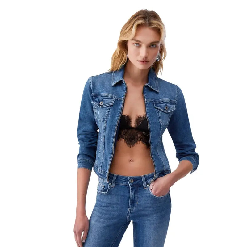 Liu Jo Blazer bleu en coton pour femme, fermeture éclair, boutons sur le devant et poches poitrine