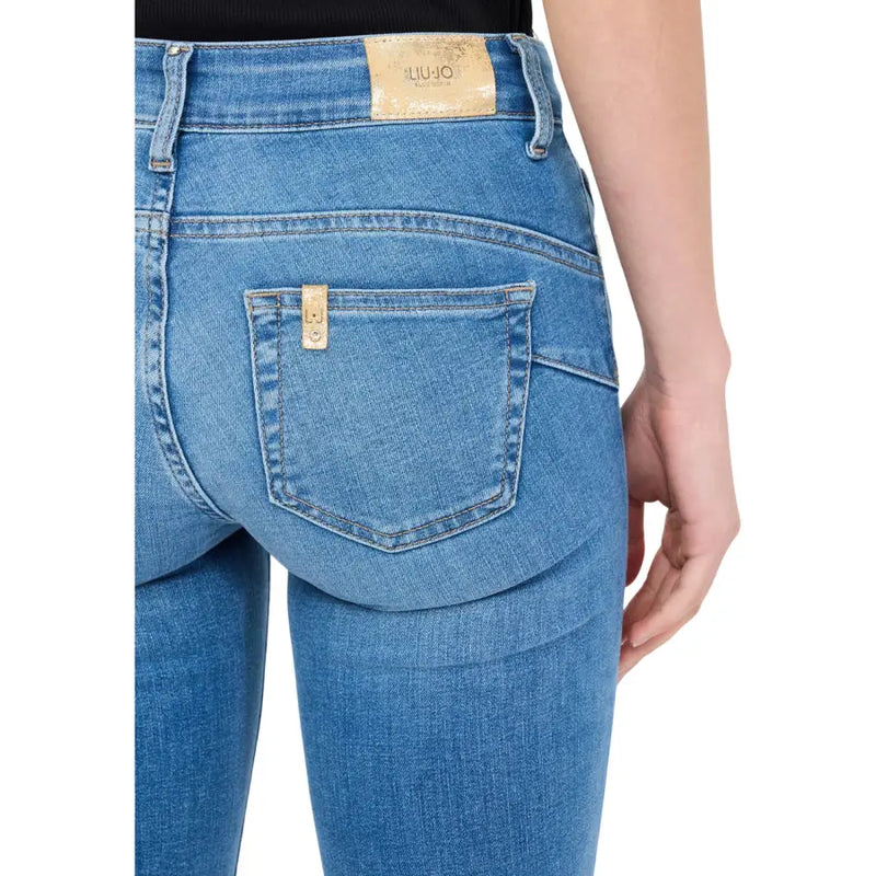 Back side of liu jo women’s blue cotton blend jeans with gold-tone brand patch on waistband and back pocket