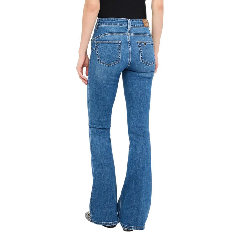 Liu Jo women’s blue cotton blend denim flare jeans with classic five-pocket design and brown leather brand patch