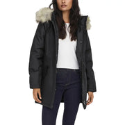 Long black hooded jacket for women with zip automatic buttons and light gray fur-lined hood in puffer material