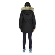 Long black hooded jacket for women with zip and automatic buttons featuring a light brown fur-lined hood
