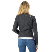 Woman modeling Long Black Womens Zip Blazer with Lapel Collar and Front Pockets