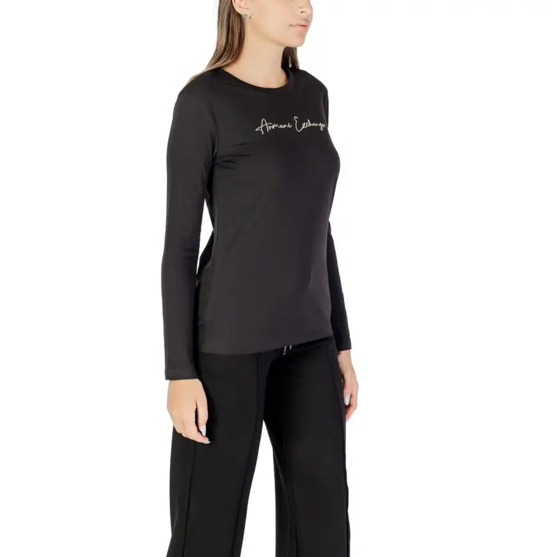Black long-sleeve crewneck cotton T-shirt with white embroidered Armani Exchange logo