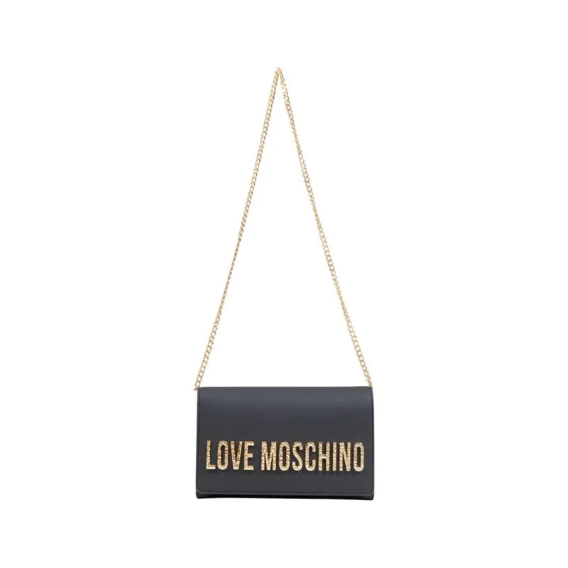 Black leather Love Moschino shoulder bag with gold chain strap and front pocket