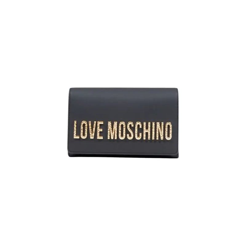 Black clutch with gold glitter text from Love Moschino Black Shoulder Bag collection