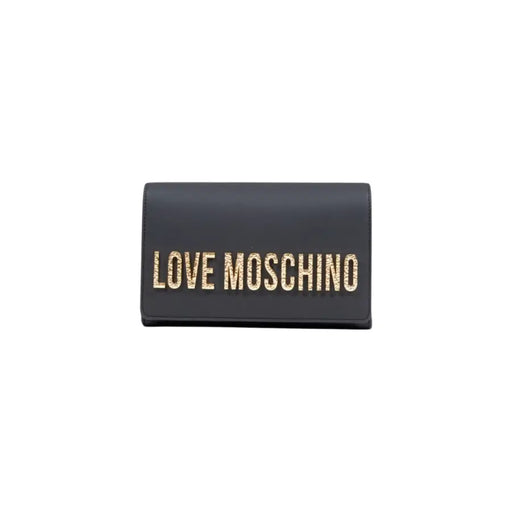 Black clutch with gold glitter text from Love Moschino Black Shoulder Bag collection